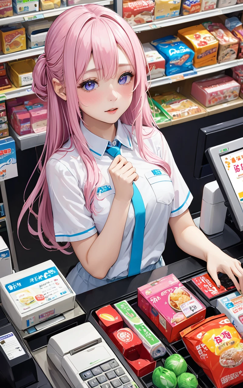 Highest quality、super high quality、16K, Delicious breasts、Facial expressions are random、The place is a convenience store、 Her hair color is pink、The pose is of a person working at the cash register at a convenience store.、The distance is random、Angles are random、Small face、Very delicate facial expressions、Delicate eye depiction、Highly detailed hair、Erotic、18-year-old female、Glowing Skin、Soft Skin、The only sexy Japanese woman、The clothes are random convenience store clerks、1 female、