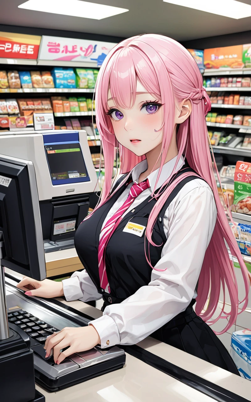 Highest quality、super high quality、16K, Delicious breasts、Facial expressions are random、The place is a convenience store、 Her hair color is red、The pose is of a person working at the cash register at a convenience store.、The distance is random、Angles are random、Small face、Very delicate facial expressions、Delicate eye depiction、Highly detailed hair、Erotic、18-year-old female、Glowing Skin、Soft Skin、The only sexy Japanese woman、The clothes are random convenience store clerks、1 female、