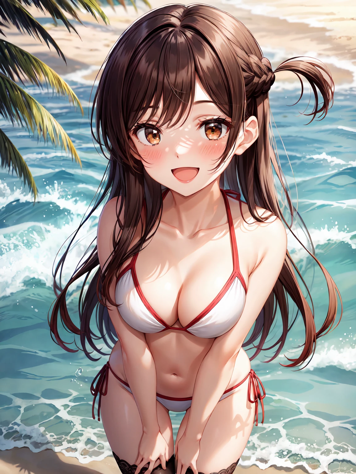 Masterpiece ,best quality , high resolution , (1 girl solo:1.38) , (chizuru ichinose, long hair, bangs, brown hair, (brown eyes:1.2), one side up,) , (cleavage:1.2) , (medium breast:1.28) , ( wear bikini , stockings) , (cleavage:1.15) , (big breast:1.1) , (face view , front view , from front , look at view ) , (outdoor , sea , ocean,  sand , beach) ,  (standing , thighs ) , ( smile , open mouth , full face blush , shy )