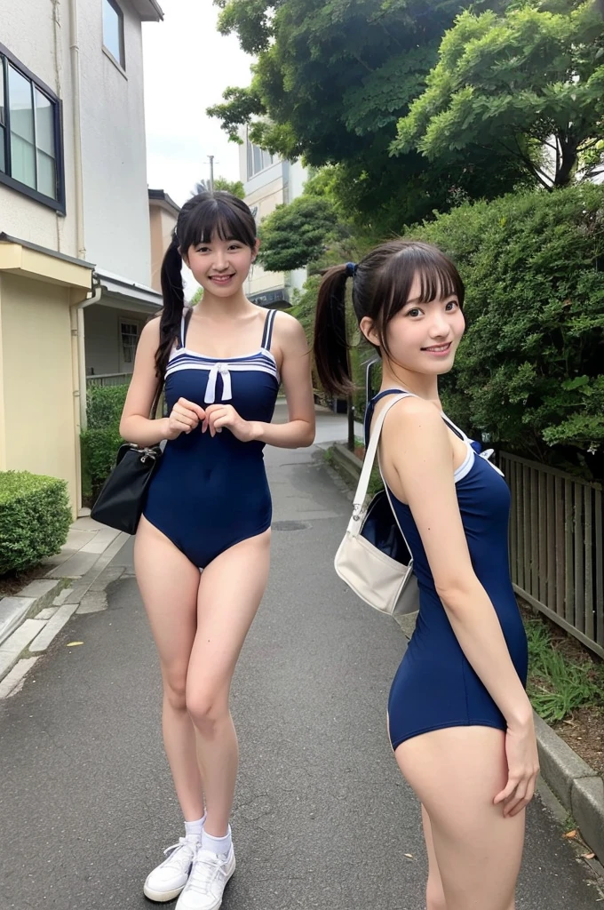 2 girls standing in Japanese street,navy blue swimsuit with white trim,school bag,18-year-old,bangs,a little smile,thighs,knees,short hair with low pigtails bunches,from below,front light