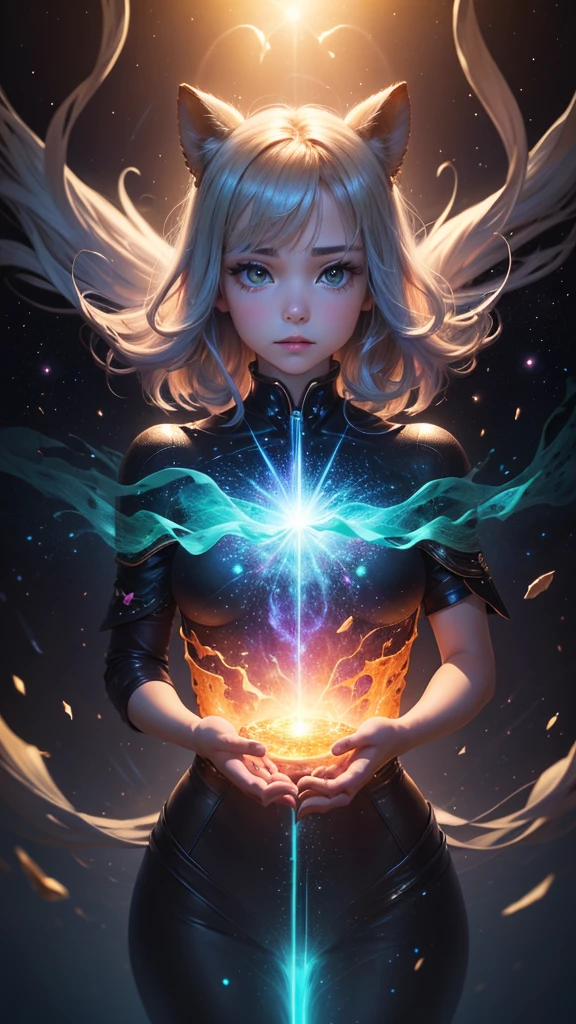 (masterpiece、Highest quality、beautiful:1.2)、(beautifulデジタルアート:1.2)、1 Girl、Round eyes、Shining pupils、Fair face、Strong and weak eyes gaze upon the galaxy、Clear skin、Fair Hand、Agnes Cecil Style、Mysterious and enchanting atmosphere、Ingredients to mix、Intertwined material、Best Abstract Art、Surreal、A chaos of overlapping bright and transparent holographic colors of blue and green、Glowing particles scattering、(Thick and unstable strokes:1.2)、Spectacular galactic background