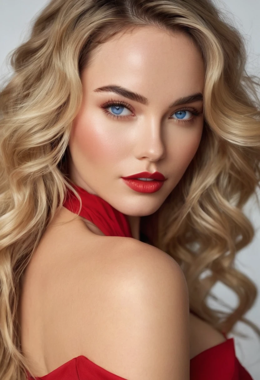 (lifelike, high quality: 1.3) , blond woman, ((gorgeous model with extra long wavy and voluminous bright ash blonde hair)), by Seb McKinnon, reddit, blonde goddess, beautiful blonde girl, gorgeous woman, dasha taran, beautiful blonde woman, sexy girl, anna nikonova aka newmilky, instagram model, a gorgeous blonde, stunning woman, irina nordsol kuzmina, gorgeous female, sexy look at the camera, best quality masterpiece, photorealistic, hyperrealistic, detailed, 8k, HDR, (Soft color: 1.2), shallow depth of field, broad light, high contrast, backlighting, bloom, light sparkles, chromatic aberration, sharp focus, RAW color photo, (full sensual lips, long curly lashes, perfect slim body, pretty piercing blue eyes), detailed alluring eyes, very long sexy legs, ((detailed facial features)), (finely detailed skin), pale skin, realistic skin texture, extreme skin details, (pores:0.1), eyes like Megan Fox, small lips like Emma Watson, nose like scarlett johannsson, cheeks like blair lively, ((wearing a red shoulder-off long evening gown with red high heels)), (((full body shot in front of a plain white wall))), skinny