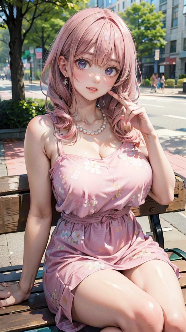 (Masterpiece, BestQuality:1.3), (ultra detailed:1.2), (hyperrealistic:1.3), (RAW photo:1.2), High detail RAW color photo, professional photograph, (Photorealistic:1.4), (realistic:1.4), (Pink Hair:1.5), professional lighting, perfect ???????, (???????????:1.2), (blush, detailed face), (A happy smile:1.7), sexly, ?????? sexly, Random ???? gravure poses, (Beautiful woman in a pink floral dress、Smiling on a park bench、Pearl Necklace、Cross-legged sitting pose。:1.3)