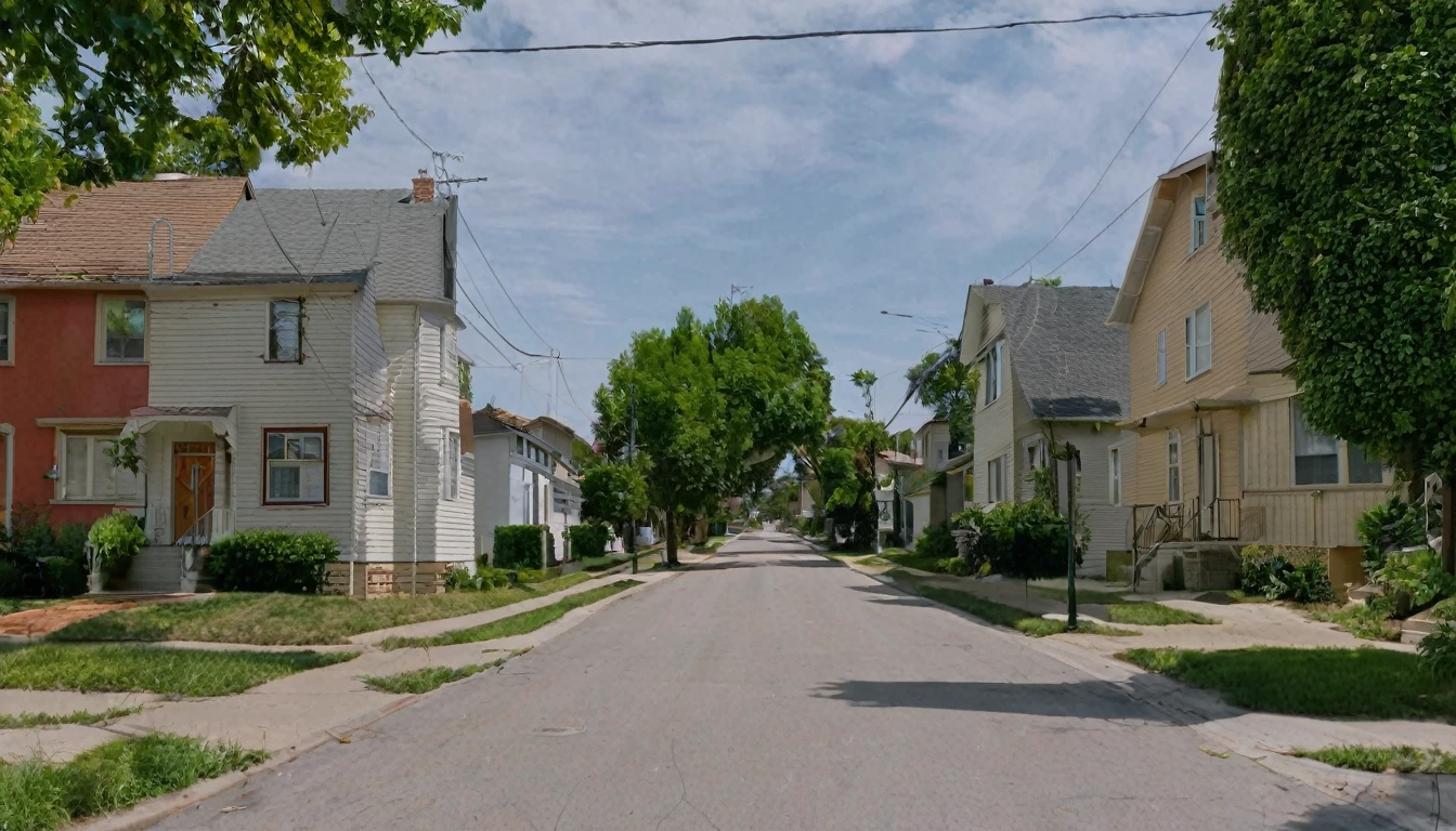 neighborhood, quiet day, no people on the street, several houses