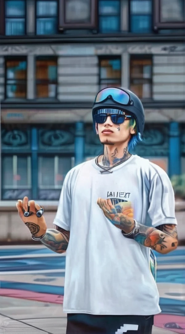 painting of a man with tattoos and a helmet on holding a skateboard, extremely high quality artwork, nft portrait, realistic anime 3 d style, hyper-realistic cyberpunk style, 2 d anime style, photorealistic!!!!!!! art style, hyperrealism artstyle, realism art style, inspired by Yanjun Cheng, realism artstyle, korean artist, cyberpunk streetwear, ✏️🎨