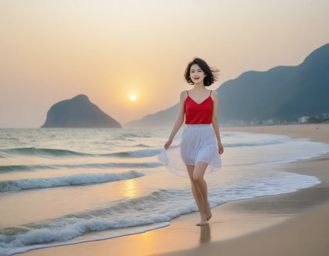 8K, sunset red sun on the beach,A strong lingering scent is reflected in the sea., Beautiful 36-year-old short Korean woman, Chest size 34 inches, Wear sleeveless, light skirt. beautiful pretty woman look , wearing a light skirt , Go far into the sea water and dip your toes., Short medium hair blowing in the wind, 1 woman, beautiful eyes, a little smile, Full-body photo taken from afar with a wide-angle lens, Danang Beach in Vietnam with clean and perfect background, the waves are coming, The picture quality is very clear and clear