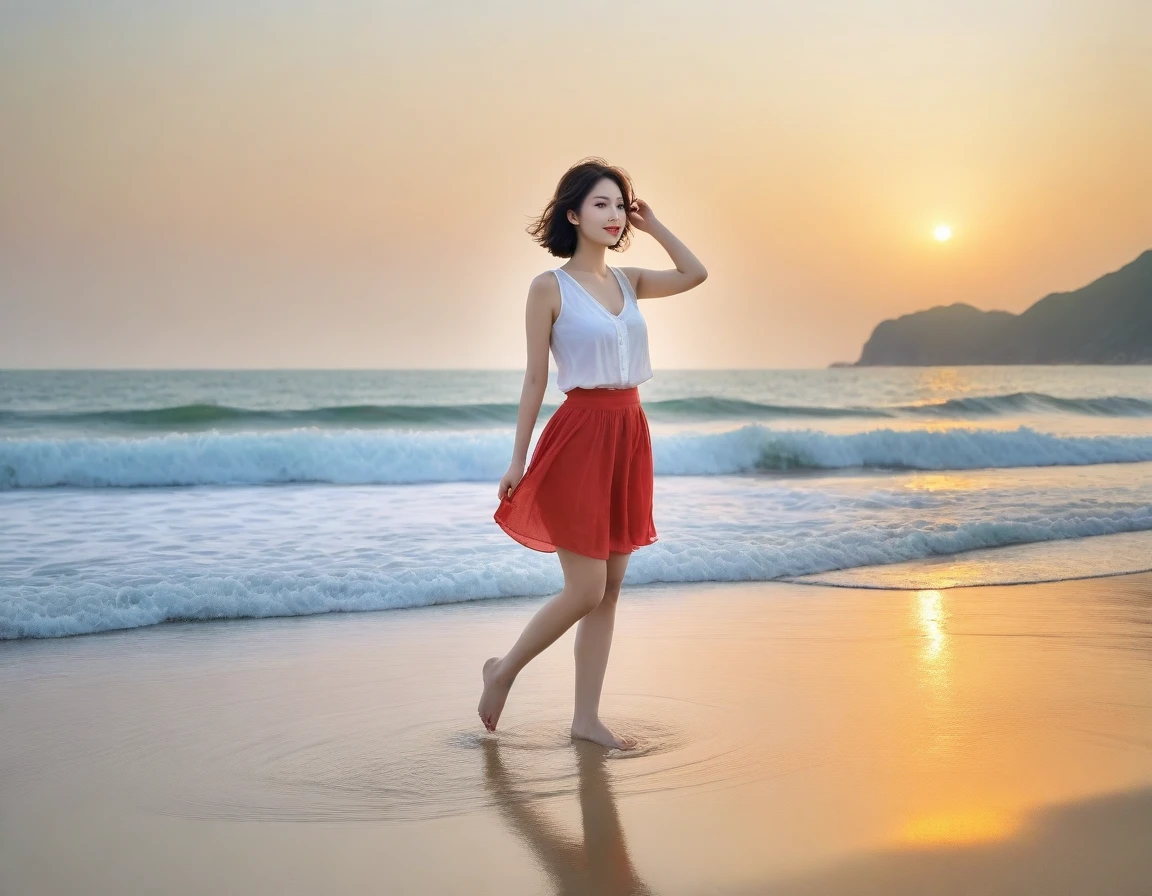 8K, sunset red sun on the beach，A strong lingering scent is reflected in the sea., Beautiful 36-year-old short Korean woman, Chest size 34 inches, Wear sleeveless, light skirt. beautiful pretty woman look , wearing a light skirt , Go far into the sea water and dip your toes., Short medium hair blowing in the wind, 1 woman, beautiful eyes, a little smile, Full-body photo taken from afar with a wide-angle lens, Danang Beach in Vietnam with clean and perfect background, the waves are coming, The picture quality is very clear and clear