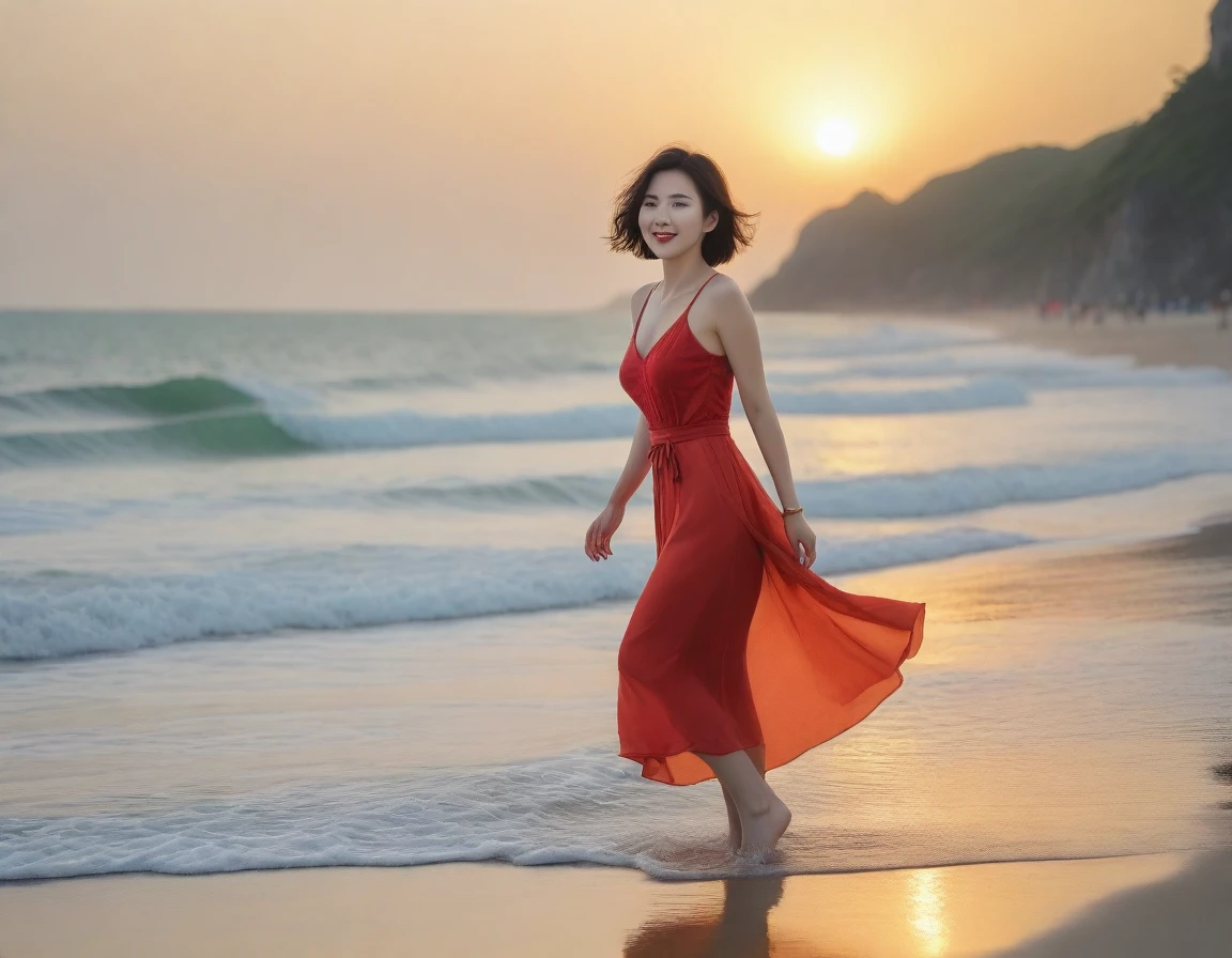 8K, sunset red sun on the beach,A strong lingering scent is reflected in the sea., Beautiful 36-year-old short Korean woman, Chest size 34 inches, Wear sleeveless, light skirt. beautiful pretty woman look , wearing a light skirt , Go far into the sea water and dip your toes., Short medium hair blowing in the wind, 1 woman, beautiful eyes, a little smile, Full-body photo taken from afar with a wide-angle lens, Danang Beach in Vietnam with clean and perfect background, the waves are coming, The picture quality is very clear and clear