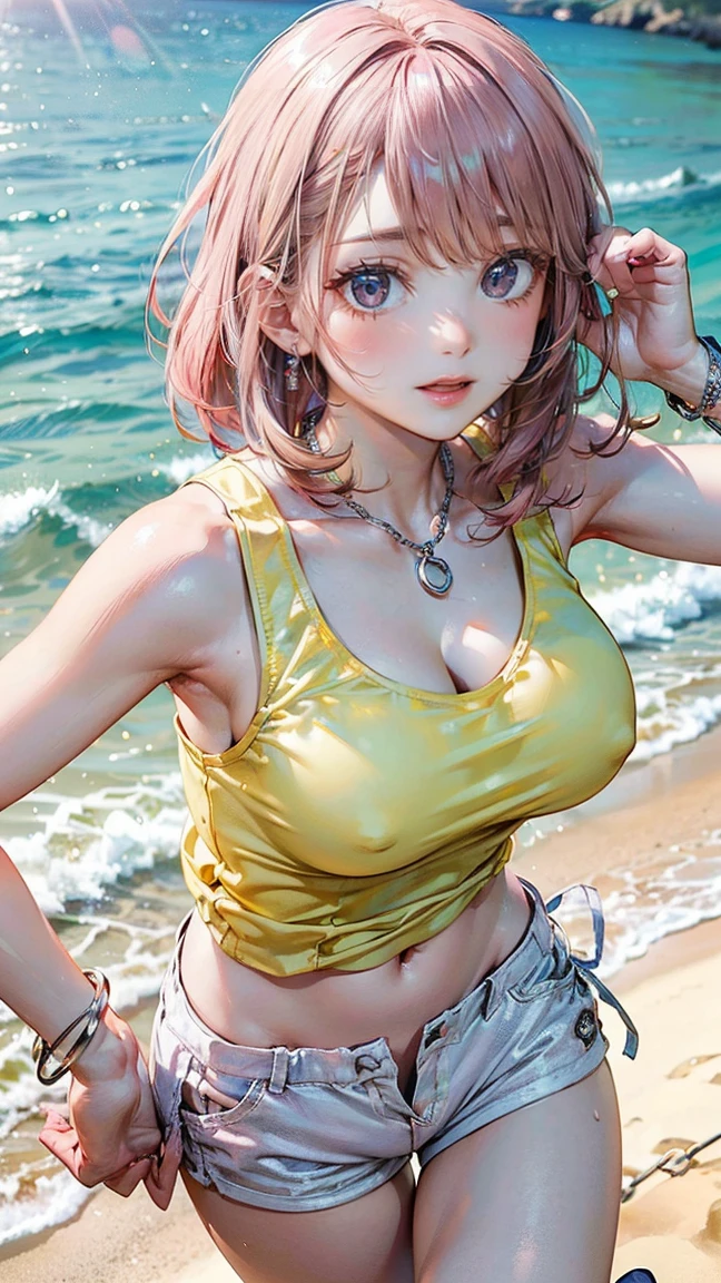 (Masterpiece, BestQuality:1.3), (ultra detailed:1.2), (hyperrealistic:1.3), (RAW photo:1.2), High detail RAW color photo, professional photograph, (Photorealistic:1.4), (realistic:1.4), (Pink Hair:1.5), professional lighting, perfect anatomy, (Big Breasts:1.2), (blush, detailed face), (A happy smile:1.7), sexly, erotic sexly, Random sexy gravure poses, (Beautiful woman wearing a yellow tank top and white shorts、Running energetically on the beach、Silver chain bracelet、Hair-pulling pose。:1.3)