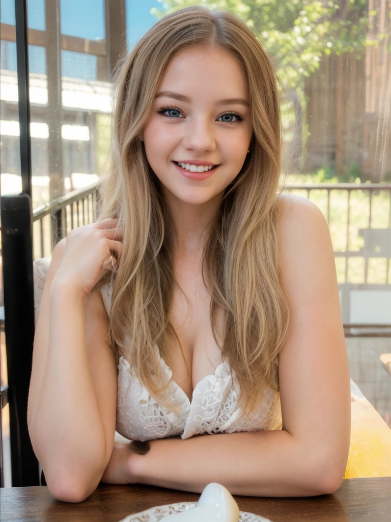 a pretty young girl, smiling, portrait, detailed face, beautiful eyes, long eyelashes, perfect skin, blonde hair, long flowing hair, cute expression, high quality, detailed, photorealistic, 8k, hyper detailed, intricate details, realistic, sharp focus, studio lighting, warm color palette, natural lighting, vibrant colors, beautiful, elegant, graceful, charming, adorable