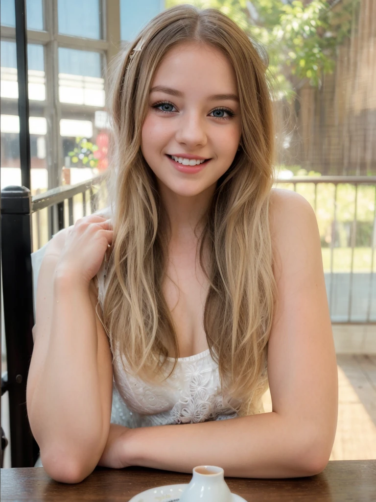 a pretty young teenage girl, smiling, portrait, detailed face, beautiful eyes, long eyelashes, perfect skin, blonde hair, long flowing hair, cute expression, high quality, detailed, photorealistic, 8k, hyper detailed, intricate details, realistic, sharp focus, studio lighting, warm color palette, natural lighting, vibrant colors, beautiful, elegant, graceful, charming, adorable