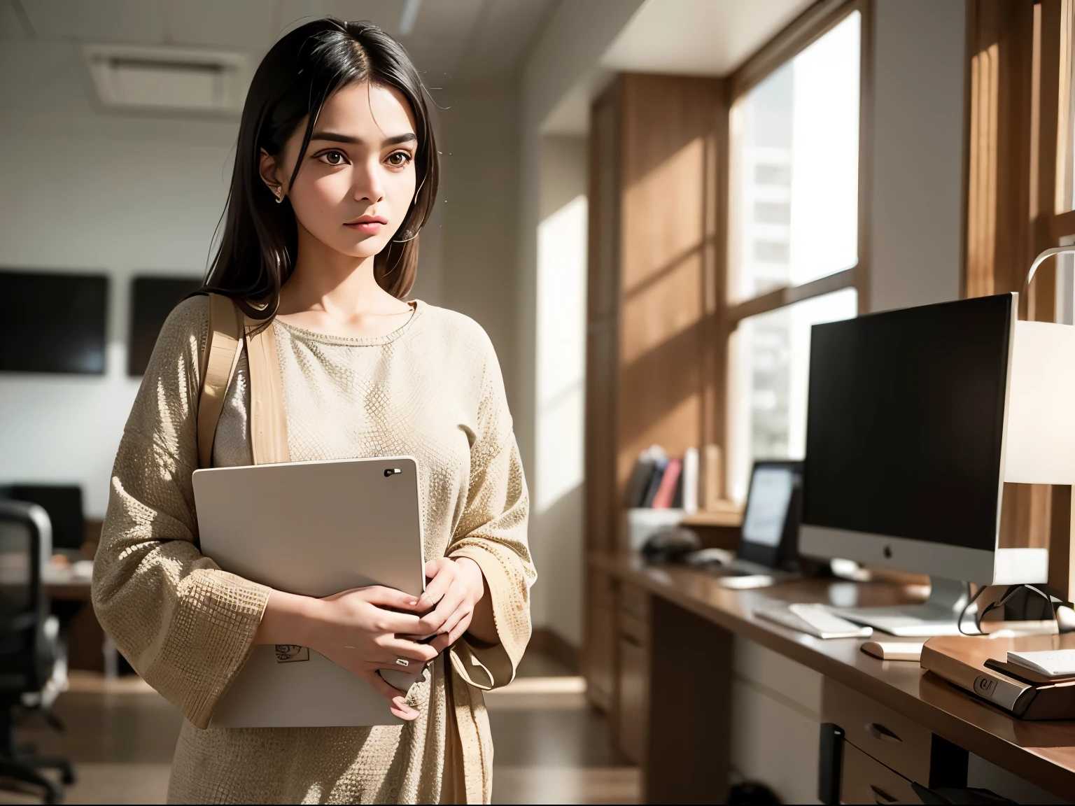 ((best quality)), ((masterpiece)), (detailed), A young Indian woman walking in an office setting with a worried expression on her face and a briefcase in her hand