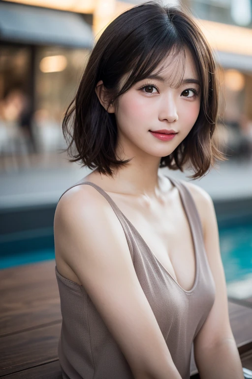 (8K, RAW Photos, Highest quality, Tabletop: 1.45), (Realistic, PhotoRealistic: 1.37), One girl, cute, smile, Happy, Embarrassing pose: 1.2, Beach, Daytime, Professional Lighting, Photon Mapping, Radio City, Physically Based Rendering, Tabletop, Tabletop, Rich details, (素晴らしいHighest qualityの写真), (Tabletop), (Fine grain) , High quality photos, High resolution, 1080P, (Clear Face), (Detailed face description), (Detailed hand description), (Tabletop), Realistic, Extreme light and shadow, Gradient black hair, Gray Hair, Short Curly Hair, good looking, girl, (Cowboy Shot: 1.3), double, Small breasts, Disheveled Hair, Look in front of you, Thin clavicle,Deep V-neck slip dress, Side Bust Barbosa, Public indecency、(Improve the beauty of skin texture:1.1),Immediately after getting out of the pool,Side Bust Barbosa:1.2、(Camel Toe,mecosuji,pubic hair:1.1),