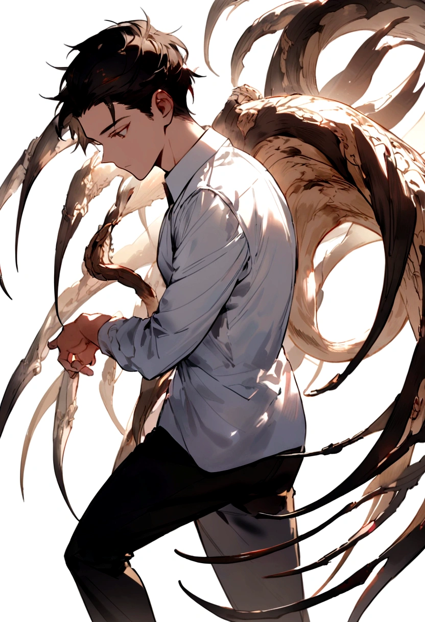 Black-haired man,Facing forward, Wearing a white shirt,Simple background,whole body,high student,boy,