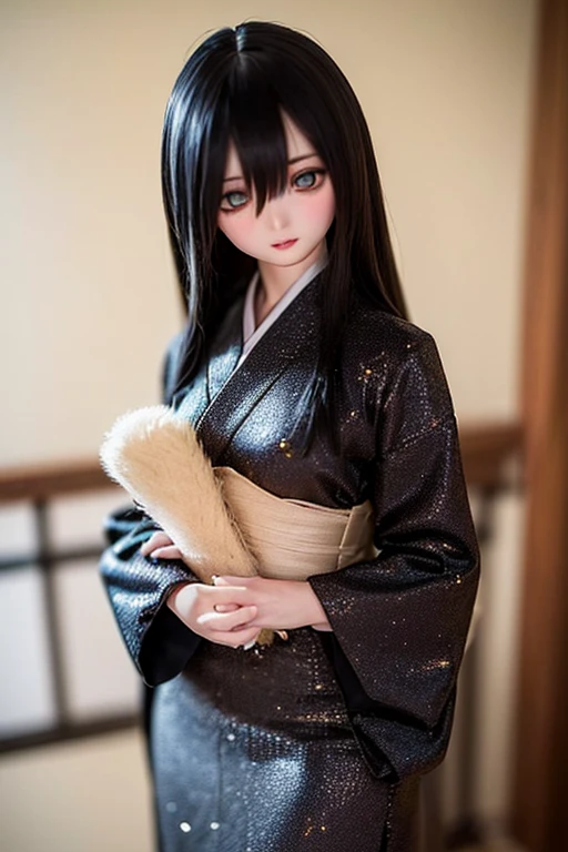 (SFW:2), photorealistic, realistic photo, 8k, ((highest quality)), ((masterpiece)), ((extremely detailed)), kukolnydom, doll, (mature woman, 17yo, 17 years old:1.6), solo, ((cowboy shot, standing, skinny, slender, slim, kimono, obi, obidome, hair ornament)), green eyes, light smile, parted lips, (black hair, long hair, looking at another, blank eyes, empty eyes, detailed eyes, detailed clothes:1.3), Japanese room