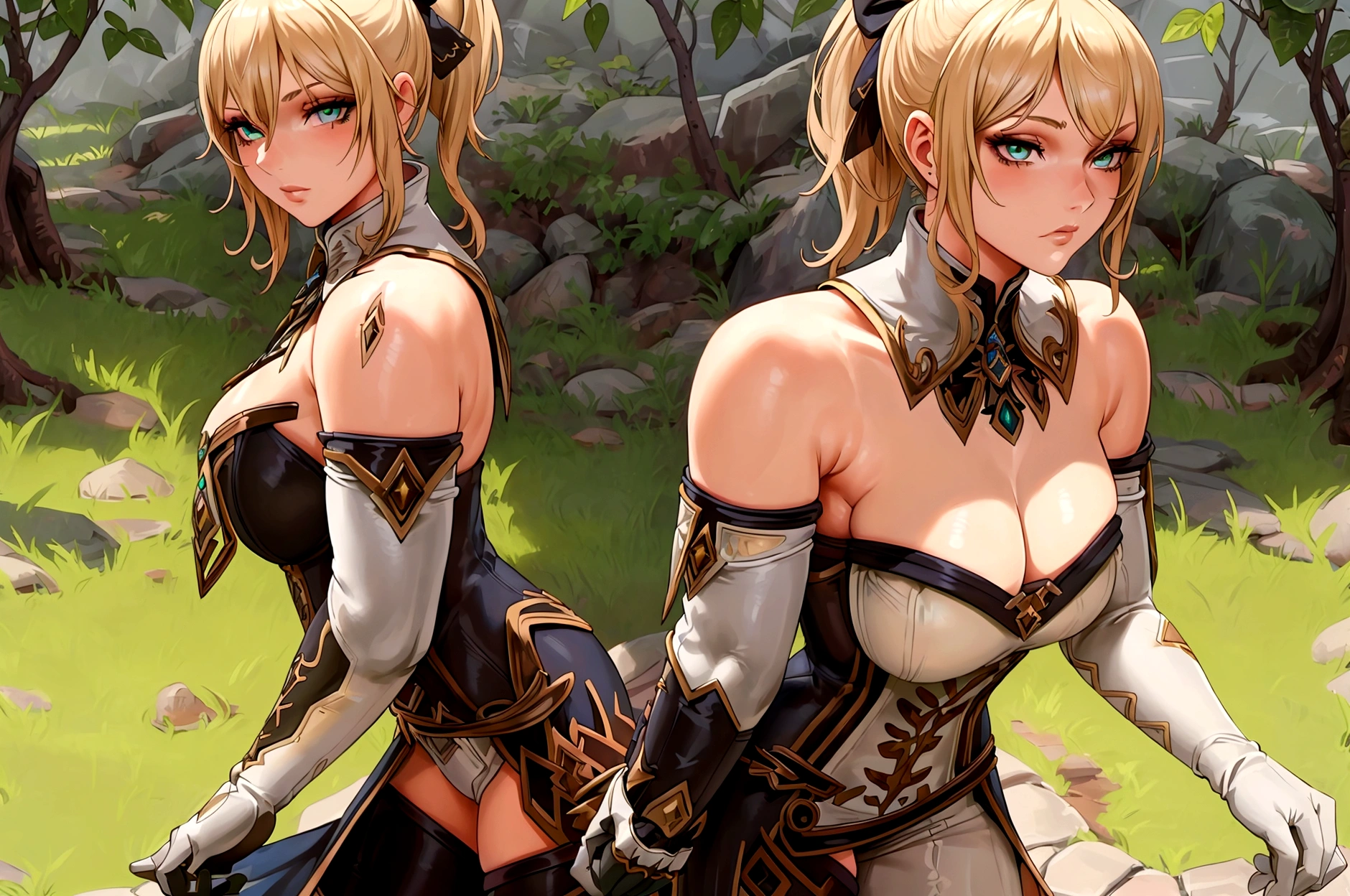 jambes grasses, gros seins, (extremely fine and beautiful:1.1), (perfect details:1.1), (finely detailed eyes and detailed face:1.3), Cassandra Alexandra, Soul calibur, side view, cowboy shot, outdoors, 1girl, blonde_hair, bangs, short Ponytail, green_eyes, boots, (white elbow gloves:1.2), hair_ribbon, Collar, hair ribbon, white thigh boots, pink Tie,