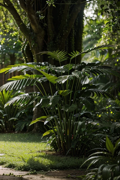 A lush green field, vibrant plants and trees sprouting from the earth, sunlight streaming through the leaves, detailed foliage, intricate textures, natural lighting, serene atmosphere, photorealistic, 8k, high resolution, masterpiece, cinematic, beautiful detailed leaves, intricate branching, depth of field, natural colors, warm lighting, dramatic shadows, verdant, overgrown, organic, flourishing, enchanting, magical realism
