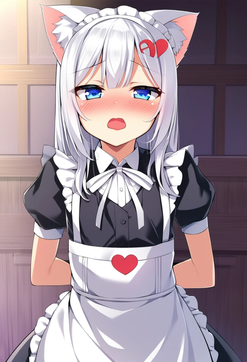 one girl, cat ears, white hair, naive, aphrodisiac, maid, light blue eyes, blush, erotic hypnosis, standing, face focus, shy, bow, heart mark, 13 years old, open mouth, sexy mouth