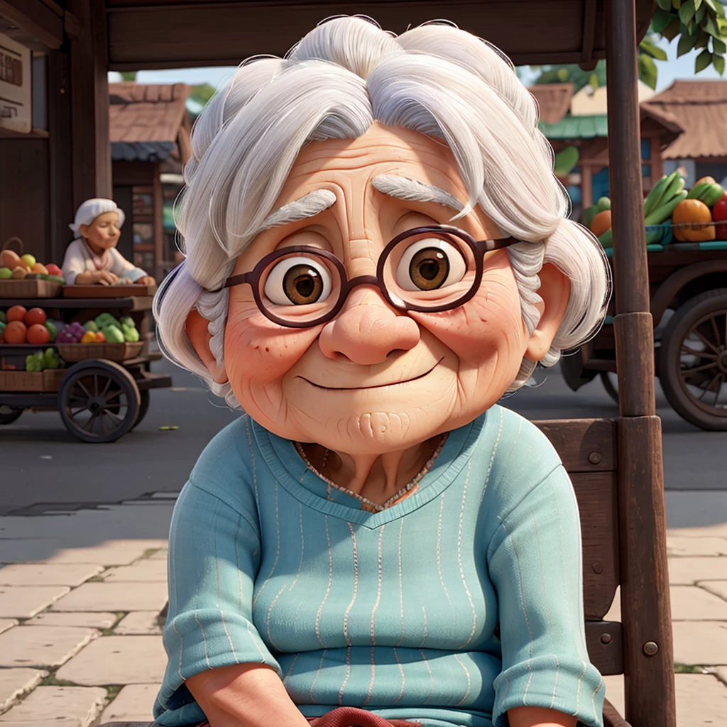 An old poor woman face with wrinkles sitting by the street selling some vegetables.