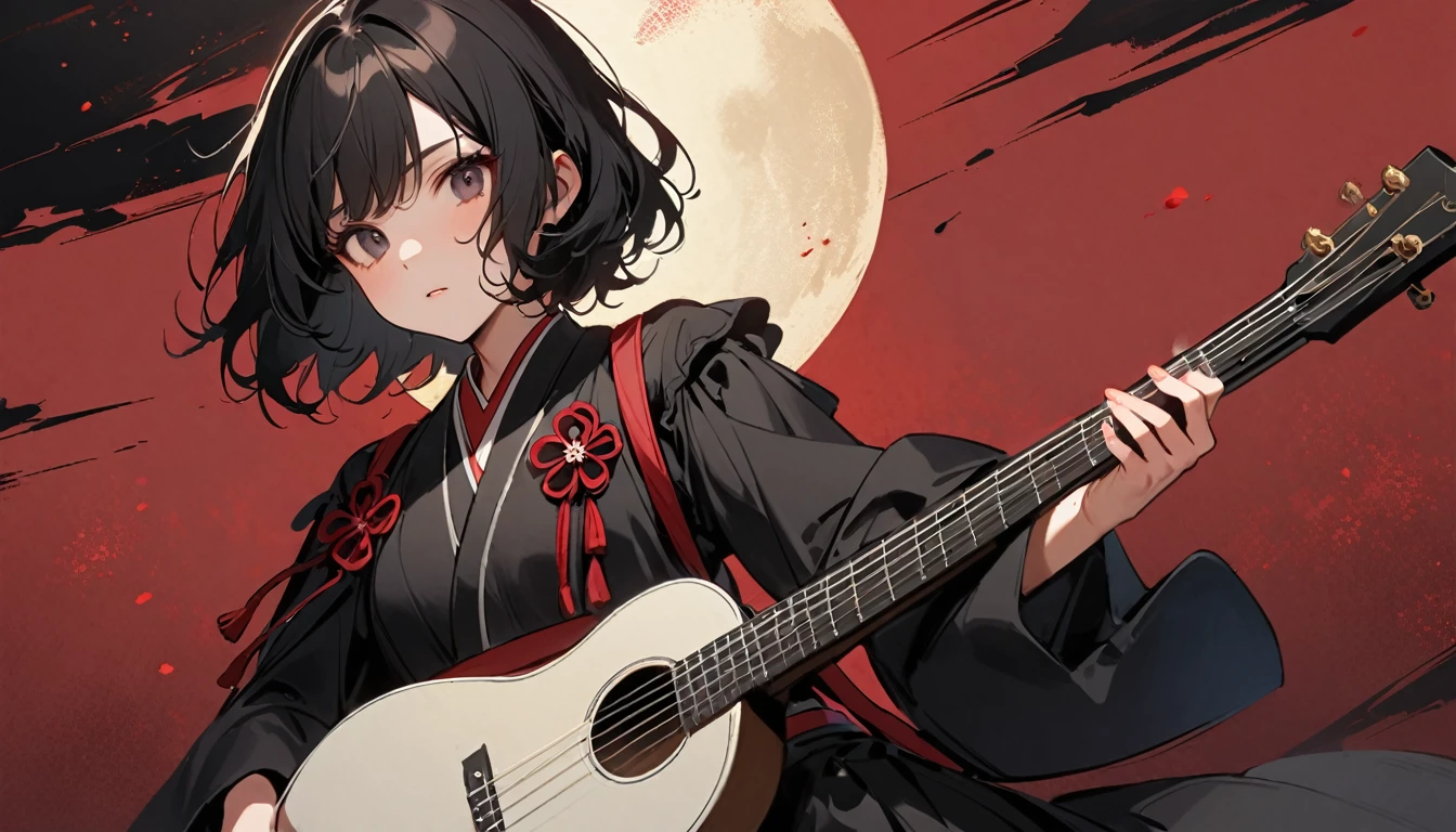 Highest quality, Katsushika Hokusai, Ink Painting, (((Shamisen))), (((Light colored sunglasses))), (((1 girl))), (((Tattoo on face))), Japanese style headphones, beautiful girl, Black Hair, Delicate and precise, Modern ukiyo-e style, Darkness