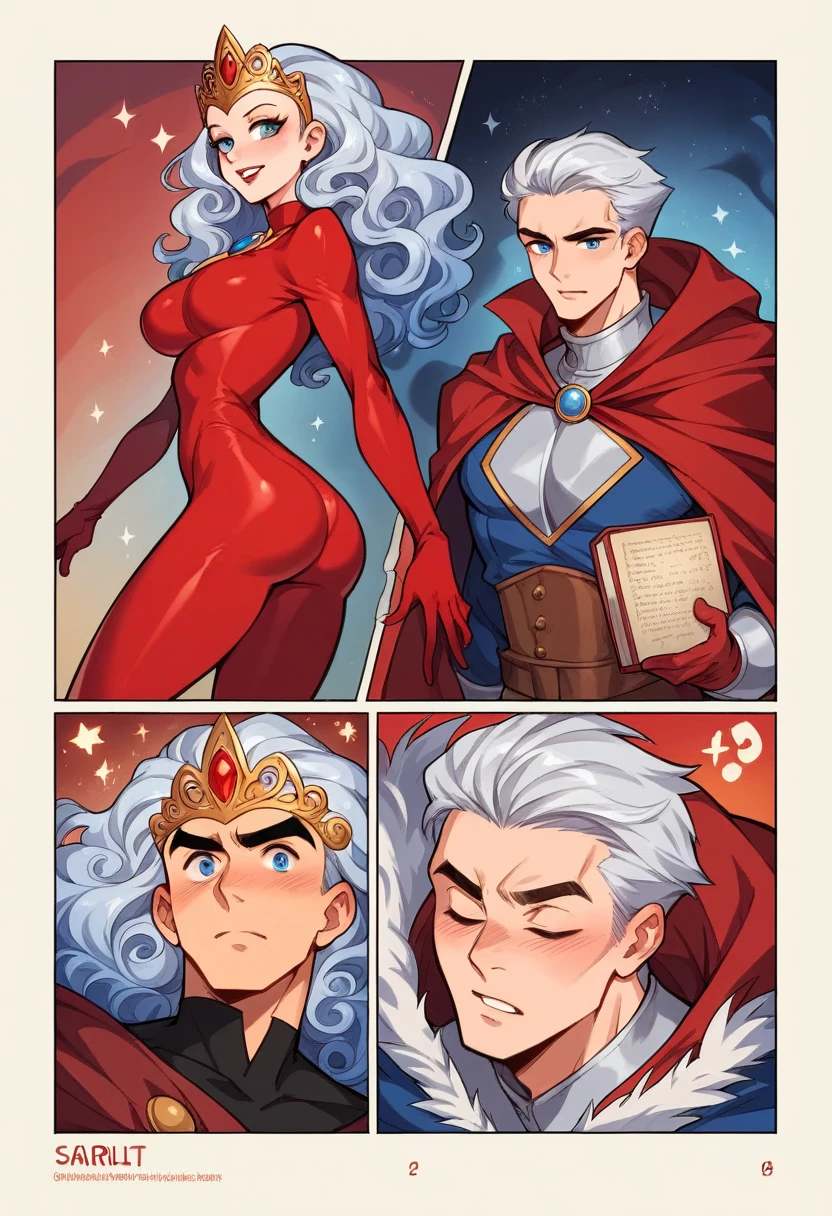 American classic comic book art: Scarlet Wizard, handsome ethereal young man boy, platinum hair with beautiful waves curls, red helm tiara on forehead, butt,erfly,tight scarlet bright red bodysuit red sorcerer outfit, bright red gloves, light pink leggings, emanating scarlet red magic energy symbols, beautiful thighs, very young face boy delicate, blue eyes, ethereal sorcerer scarlet, red sorcerer cape sorcerer, neck covered, medieval, boy focus on face, classic comic book