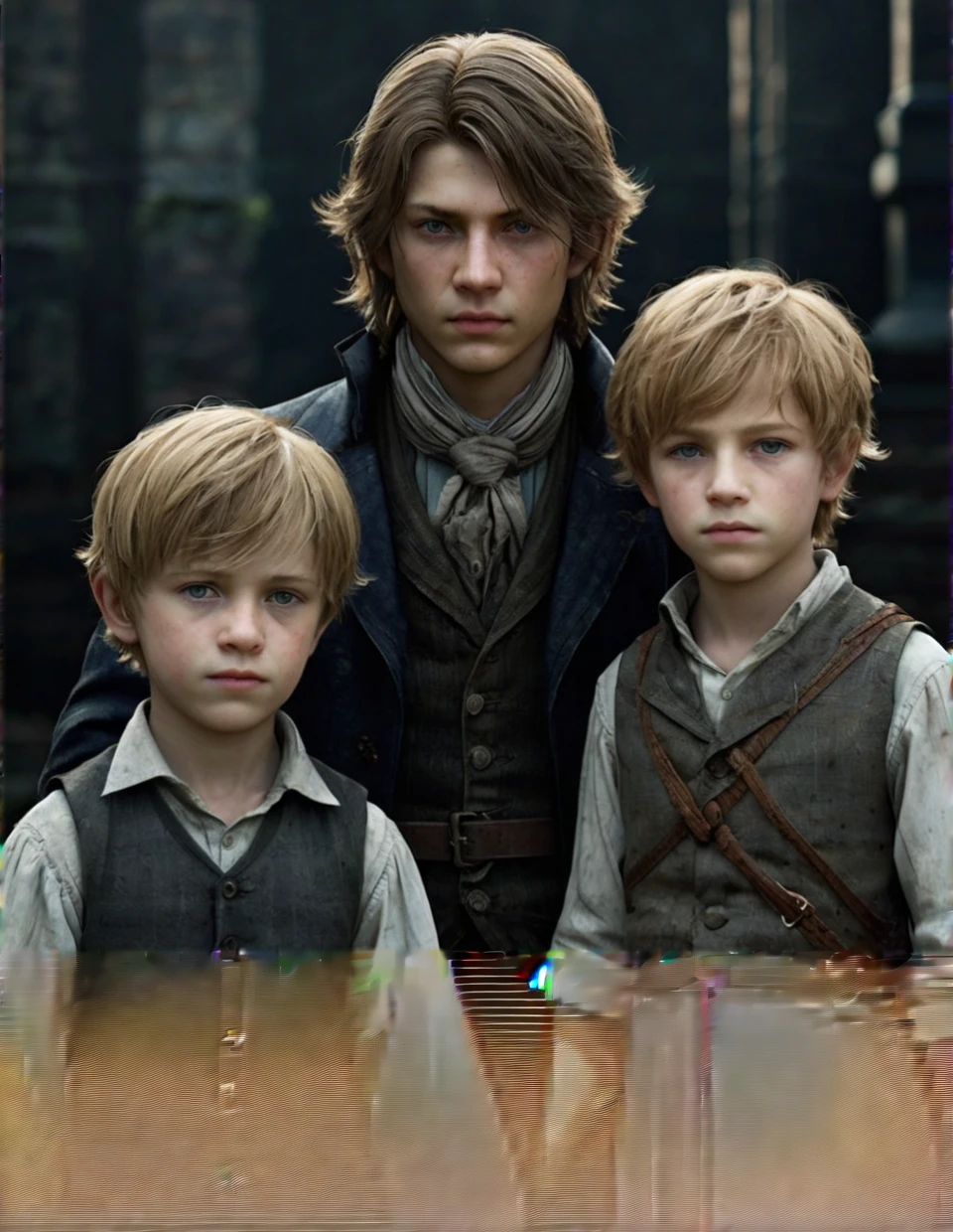 This illustration will feature three children, full-length, against a city backdrop. The whole theme is inspired by the video game Bloodborne, so it is somber.
There are three sons in the illustration. The oldest son is , the middle son is 8 years old, aungest son is 6 years old. They all itheir father's hair color, the hair color is a mix of sandy and honey blonde hair color, but only the middle and youngest have freckles. The oldest and middle sons have green eyes while the youngest has eyes of a more golden hue . Their clothes adhere to the atmosphere of bloodborne .  For all of them I want their clothes to be faded, purple and blue but still dark, shabby and dingy.