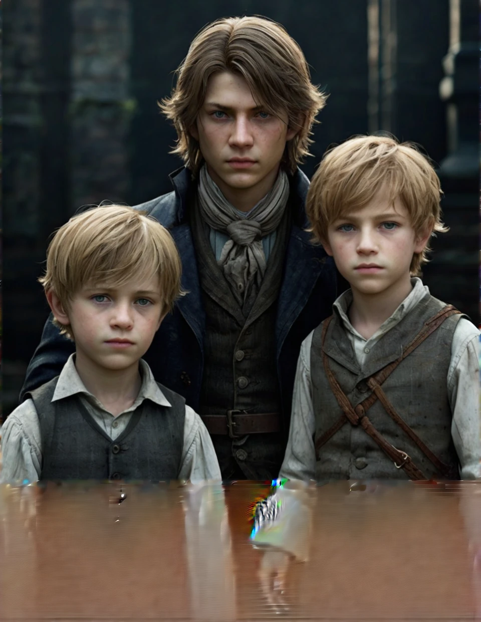 This illustration will feature three children, full-length, against a city backdrop. The whole theme is inspired by the video game Bloodborne, so it is somber.
There are three sons in the illustration. The oldest son is , the middle son is 8 years old,ungest son is 6 years old. They all ieir father's hair color, the hair color is a mix of sandy and honey blonde hair color, but only the middle and youngest have freckles. The oldest and middle sons have green eyes while the youngest has eyes of a more golden hue . Their clothes adhere to the atmosphere of bloodborne .  For all of them I want their clothes to be faded, purple and blue but still dark, shabby and dingy.