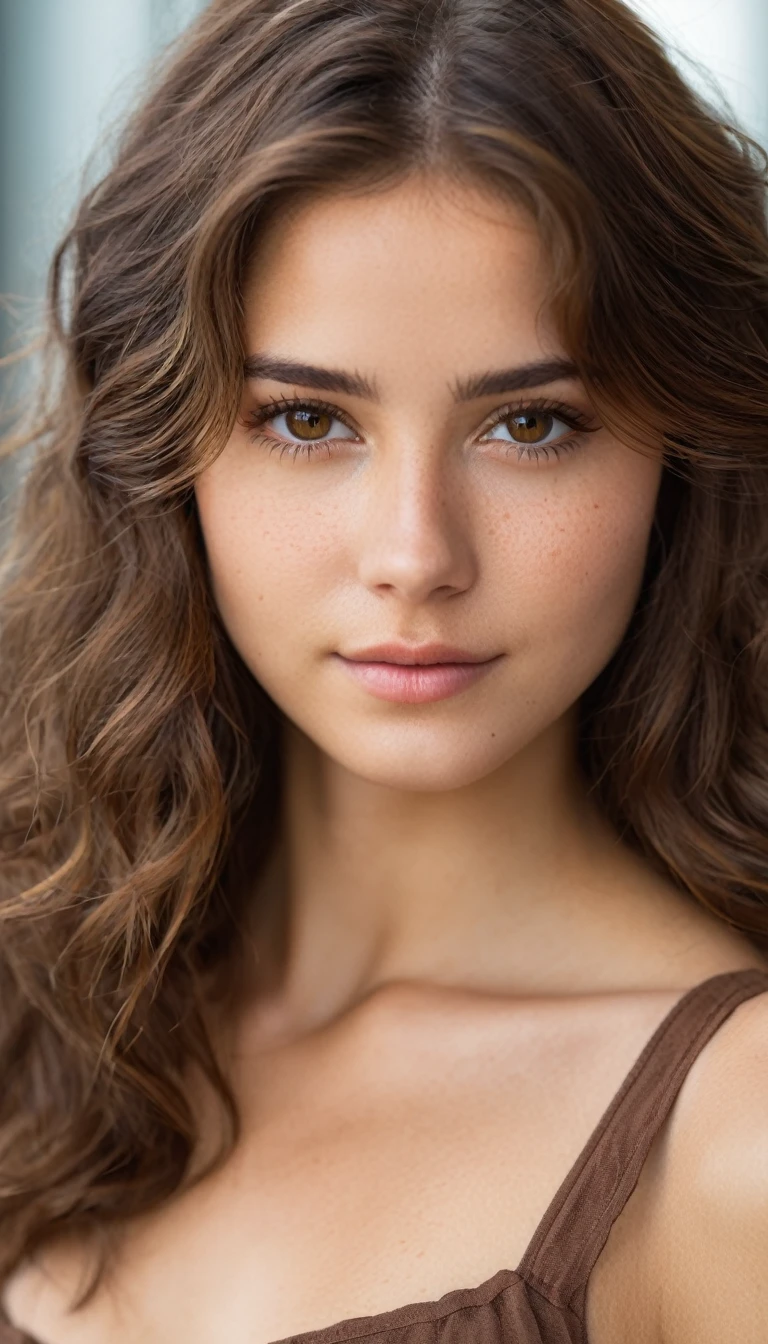  pretty young woman, Cute beautiful , innocent face, naturally brown long wavy hair , high-res, ​masterpiece, best qulaity, Intricate detailing, sharp focus, detailed skin, realistie Hauttextur, Textur, detailled eyes, professional, 4K, charming smile, taken with Canon, 85 mm, perfectly fitting body, extremely detail, photoshot_\(ultra\), fotorealisti, realisti, Post processing, maximum details, roughness, real life, ultrarealisti, photoshotrealismus, photoshotgrafie, 8K UHD, photoshotgrafie , brown eyes , big brown eyes with long eyelashes, some light freckles on the nose, brown short hair , beauty dimple  , ultra realistic,moyenne taille , See on the right , look to his right