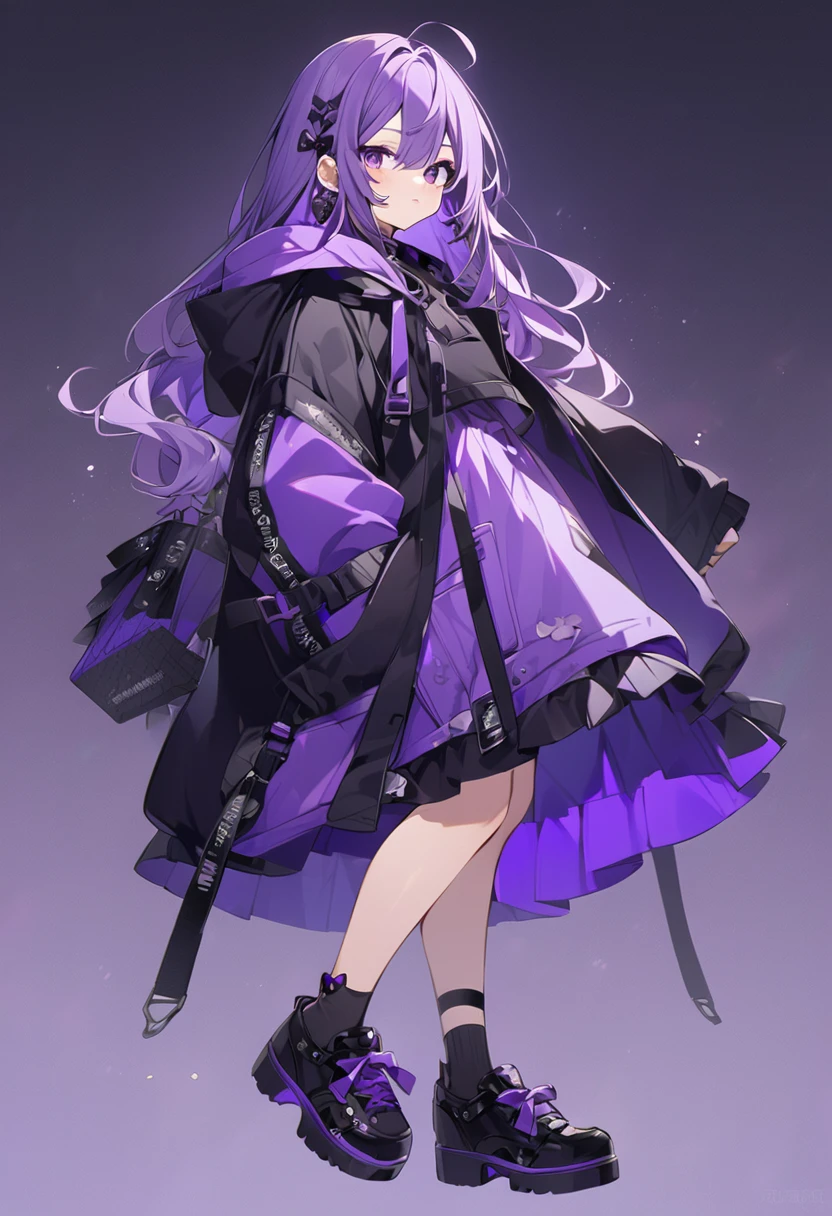 Keito。Purple Eyes。Purple Hair。Purple Skirt。Black shoes下。Black shoes。Purple hoodie
