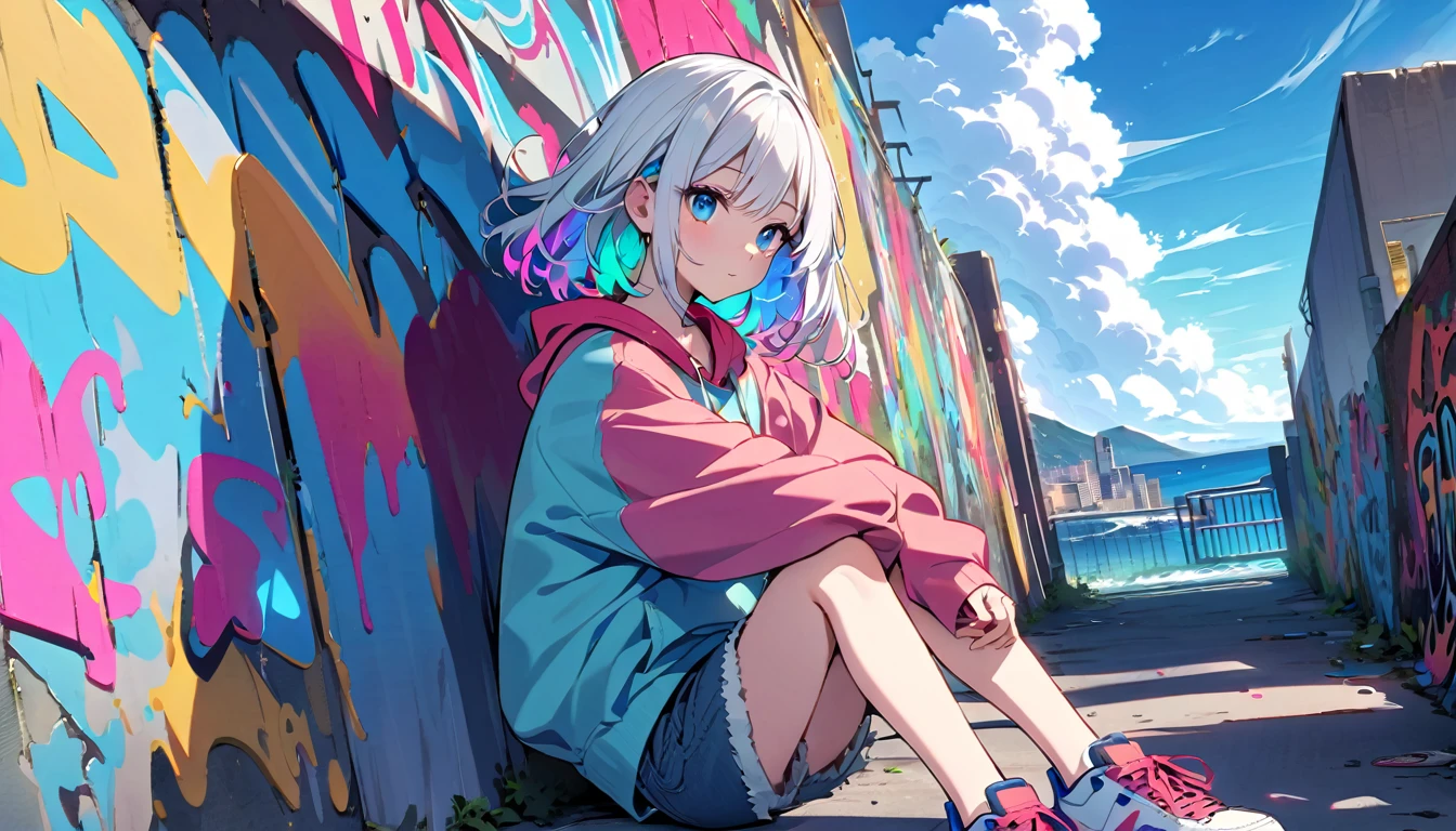 HD 8k Handsome cute, Solitary, 1 female, Medium Length Hair, white hair, Rainbow hair, blue Eyes, Rainbow headphone, hoodie, colored hoodie, denim shorts, sneakers, Human focus, outdoor, blue sky, White clouds, graffiti wall, Back ground is sea,