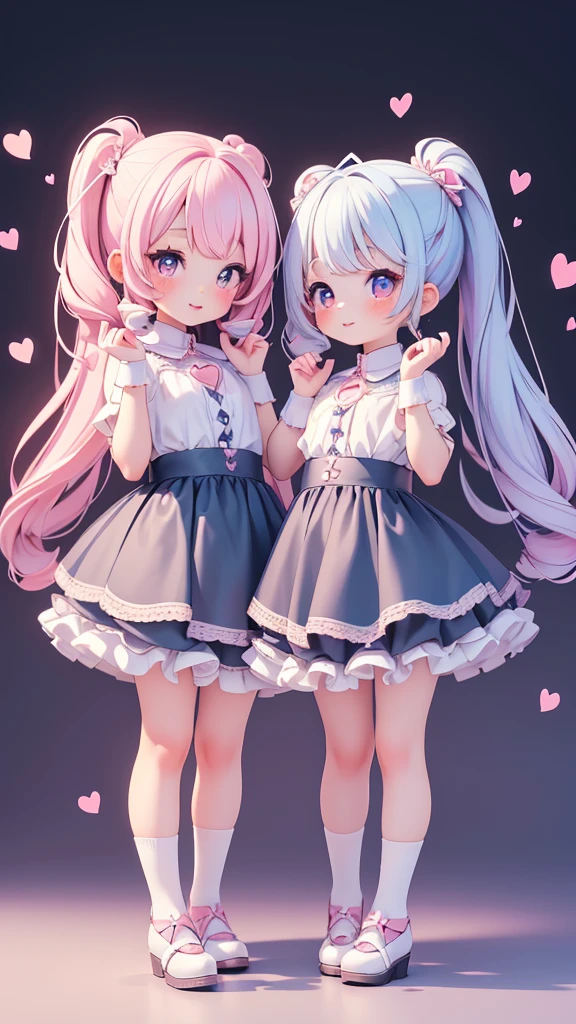 ((petite bishojo, little 2girls)), ((cute face)), ((heart shaped pupils)), ((masterpiece)), ((best quality)), ((ultra detailed)), ((exquisite)), ((depth)), ((crisp)), ((8k)), ((beautiful and aesthetic)), ((super detailed skin)), ((high standard)), ((highres)), ((perfect anatomy)), (full body), (blush), (lipstick), (boyish), ((kawaii pose)), (white, blue, black)