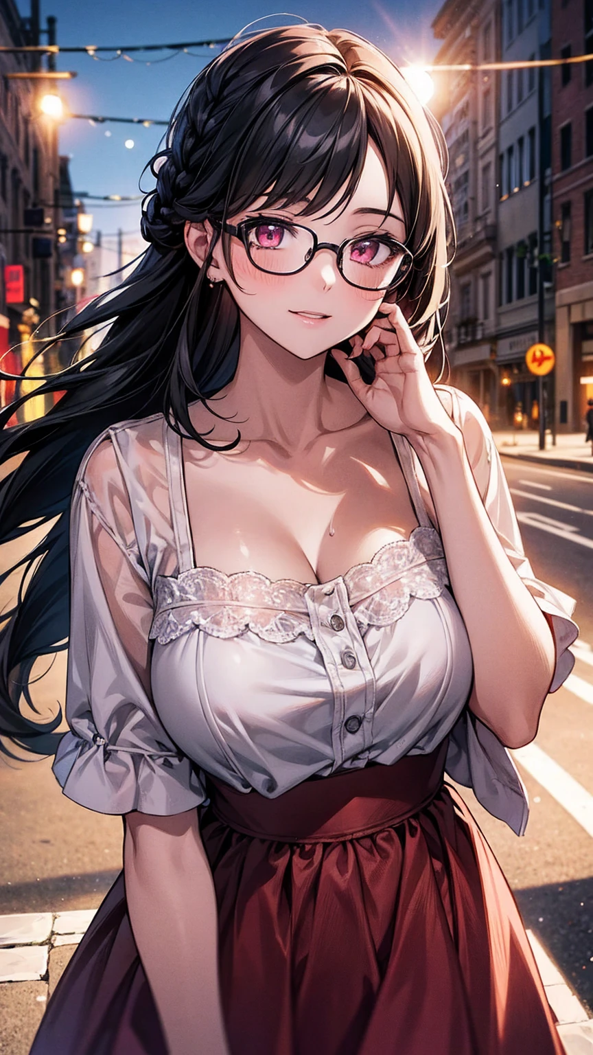 (best quality, Masterpiece), 1 girl, The sun shines, In the building, black hair, Beautiful long hair, braid, pink eyes, glasses, cute, Bright face, Good mood, Huge breasts, collarbone, Fashionable clothes for a beautiful date, shy, 1 woman, young girl, (Goosebumps:0.7), Beautiful face, (shyไลเนอร์, lipstick:0.9), nighttime, street lights, fall, 4K, 8K, UHD, HDR, detailed background, background