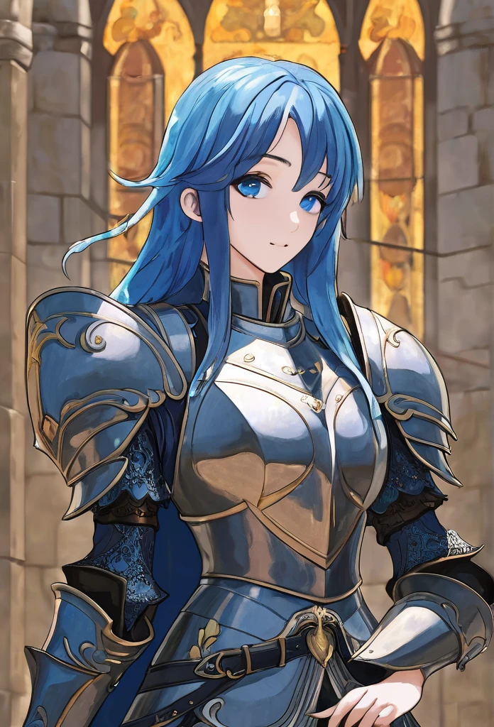 24 years old, female, human, blue hair, blue eyes, long hair, knight