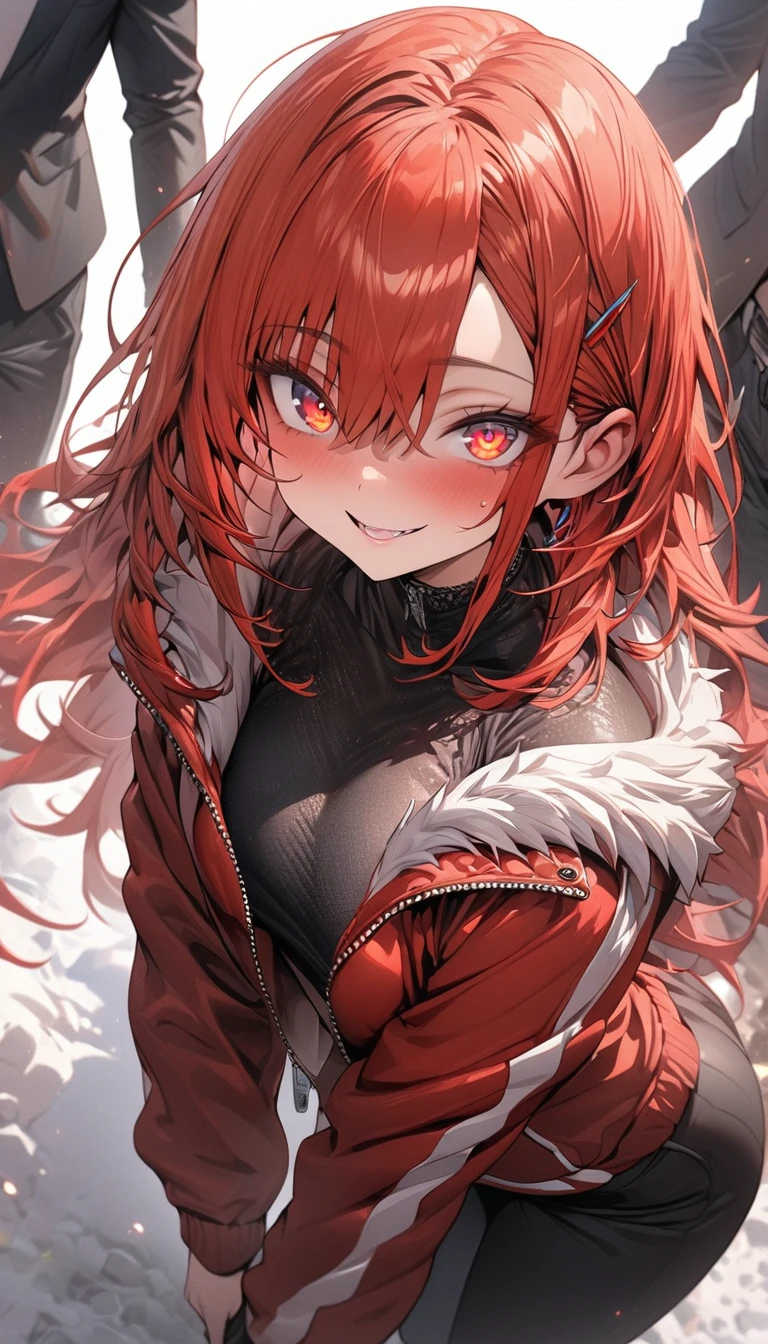 (masterpiece), (top quality), highly detailed, HDR, 1 girl, solo focus, black and red sports jacket, trousers, perfect face, long red hair, big eyes, red eyes, perfect eyes, fur eyes, highly detailed faces, standing, white beckground. 