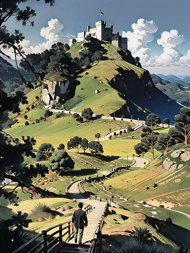 Image of a man standing on the stairs leading to the castle, The Flowery Road to Heaven, author：Yang J, Chinese Fantasy, An ancient road, She is approaching heaven, Sky Bridge, Taoism, author：Han Gan, Taoism大师, To the sky, Heaven&#39;s Gate, by Qu Leilei, The Path to Enlightenment, Cloud Palace