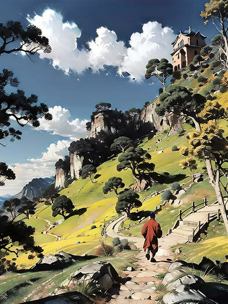 Image of a man standing on the stairs leading to the castle, The Flowery Road to Heaven, author：Yang J, Chinese Fantasy, An ancient road, She is approaching heaven, Sky Bridge, Taoism, author：Han Gan, Taoism大师, To the sky, Heaven&#39;s Gate, by Qu Leilei, The Path to Enlightenment, Cloud Palace