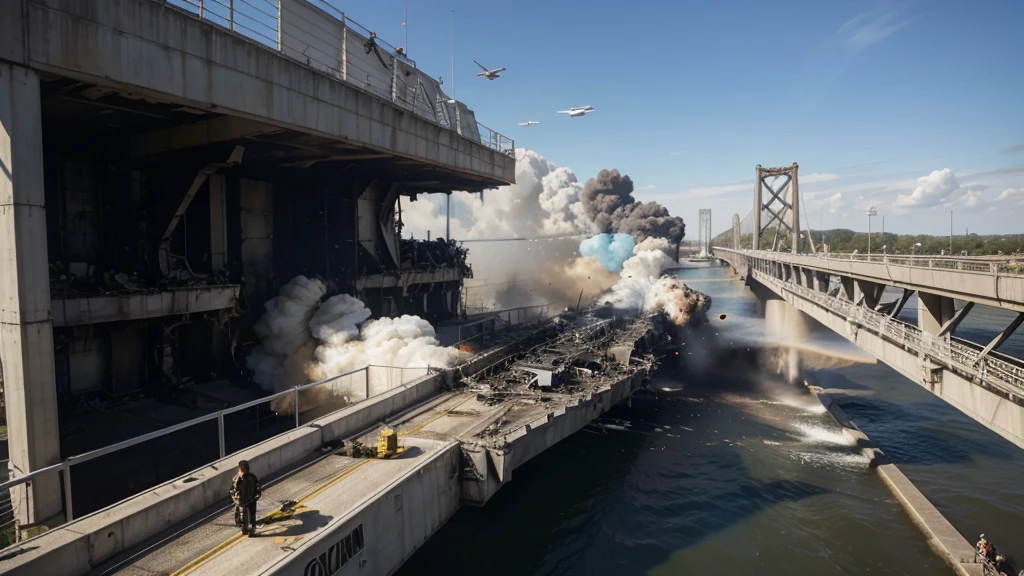 dockyard with a sky background, team fortress style, toon boom render, brawl start bg, cg art,, official artwork, explosion in background, game art, heavy battle, very stylized, gameplay still, 3 d game art, 3d game art, game illustration