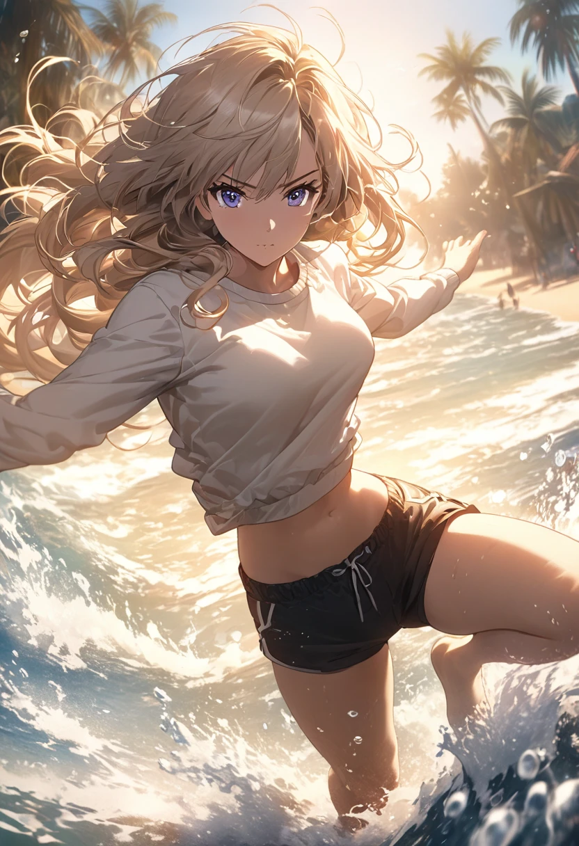 ( Correct and perfect anatomy )An attractive anime girl wearing a white sweatshirt and shorts plays volleyball while standing on the beach(sea water splash) Showing the dynamic posture of playing volleyball, light blue wavy long hair flying quickly, with a sense of speed, dynamic action posture, Distant view of beach with palm trees super detailed,complicated,Film perspective,The use of light and shadow in CG art is bright, High-quality animation style presentation
