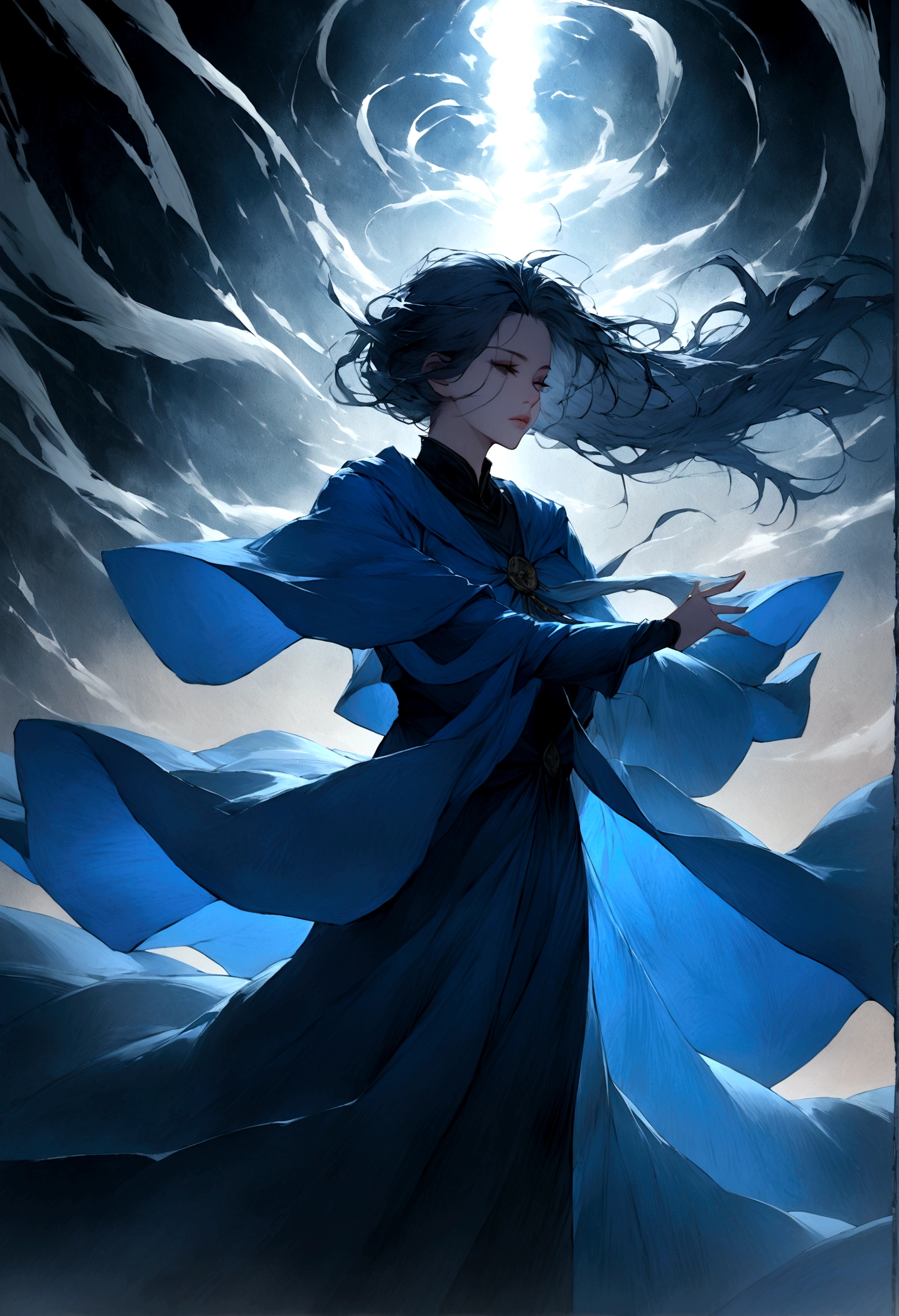 Create an illustration of A mage garbed in azure robes, their hair dancing in the breeze, their spells conjuring swirling vortexes of wind to buffet their enemies. Their presence is as ephemeral as a passing breeze, yet their spells carry the force of a raging storm. The background must be a wind and several air effect.