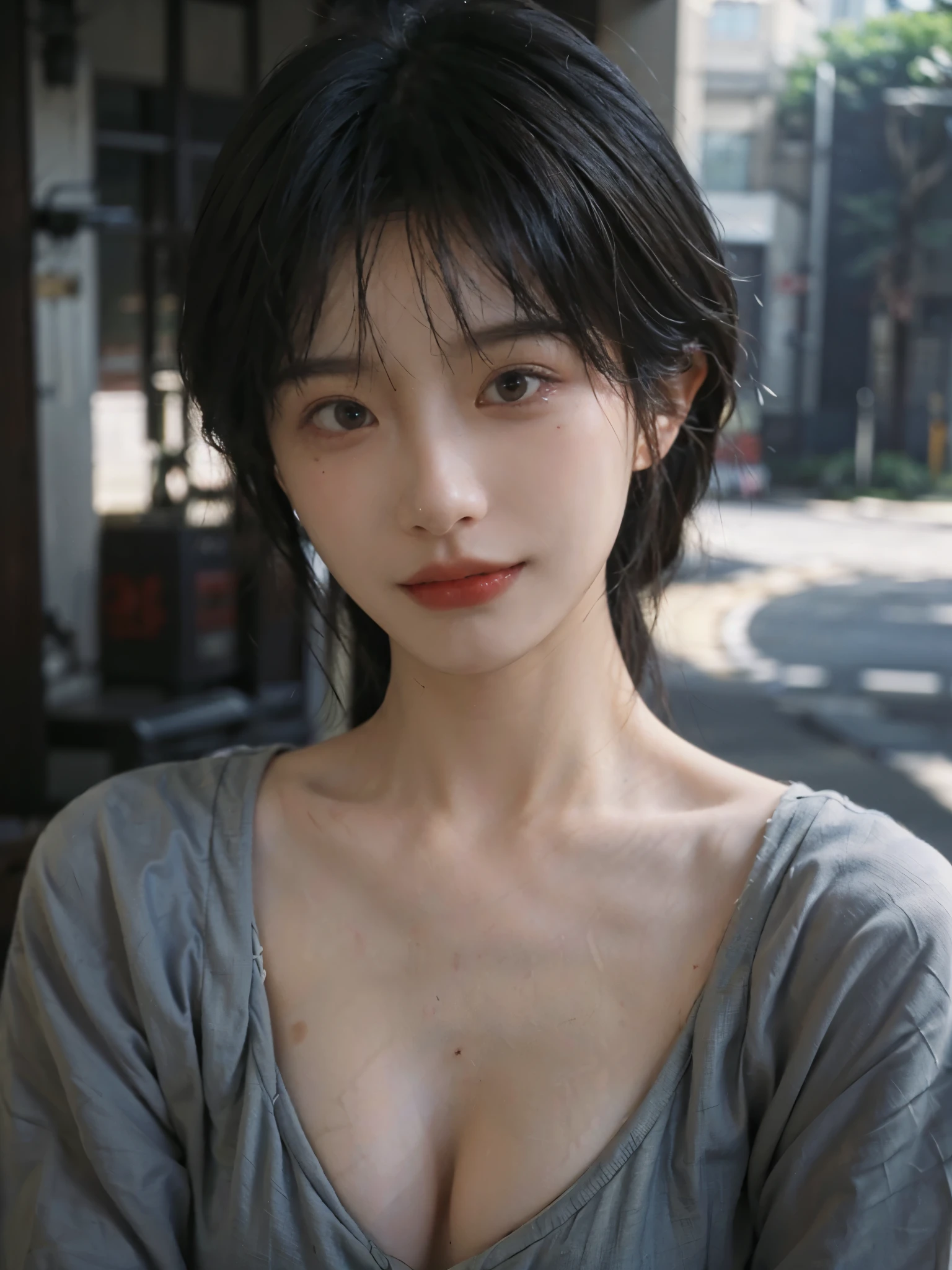 (Skin details:1.4), (smooth skin textures:1.3), (Upper body:1.4),(Upper Body:1.3)Lipstick, background, earrings, serene, calm, (Realistic and detailed eyes:1.2), Natural skin texture, Realistic facial details, Soft dramatic lighting, Vivid details, 35 mm film, outdoor, (Photo Practical:1.4), (hyper Practical:1.4), (Practical:1.3), (Smoother lighting:1.05), (Improve lighting quality:0.9), (Highest quality real skin textures:1.4), Exquisite eyes, Delicate face, Close-up of face, (Enhance the beauty of skin texture:1.1), Hair details,(Large Breasts:1.3)normal body ratio, short hair, Moles under the eyes, A faint smile,Portrait Photography, Depth of Field, Bokeh, Surrealism, Ray Tracing, (Portrait Photography:1.1), Surrealism, High Detail, Chiaroscuro, Ray Tracing, reflected light, Ultra HD, Ultra HD, masterpiece, Textured Skin, Super Detail, High Detail, high quality, best quality