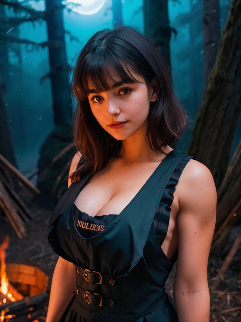 1 Girl, Beautiful, , 20 Years Old, White Skin, Big Colossal Breasts, Sexy Pose, Sexy Look, ((Black Pinafore Dress)), Cleavage, Sleeveless, ((muscles:1.3)), Strapper Bra, Bright Retina, , High Resolution, ((nightly:1.3)), ((darkness:1.3)), Forest Background, Bonfire, Masterpiece, ((foggy:1.1)), Hair Bangs, Medium Bob Hair