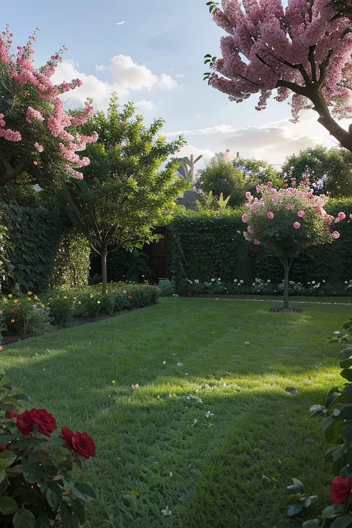 "A lush garden full of fruit trees, colorful flowers and abundant vegetation."
