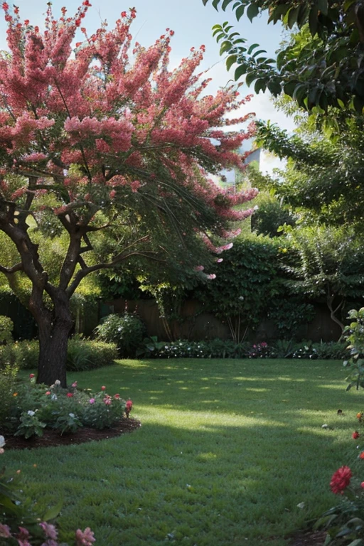 "A lush garden full of fruit trees, colorful flowers and abundant vegetation."