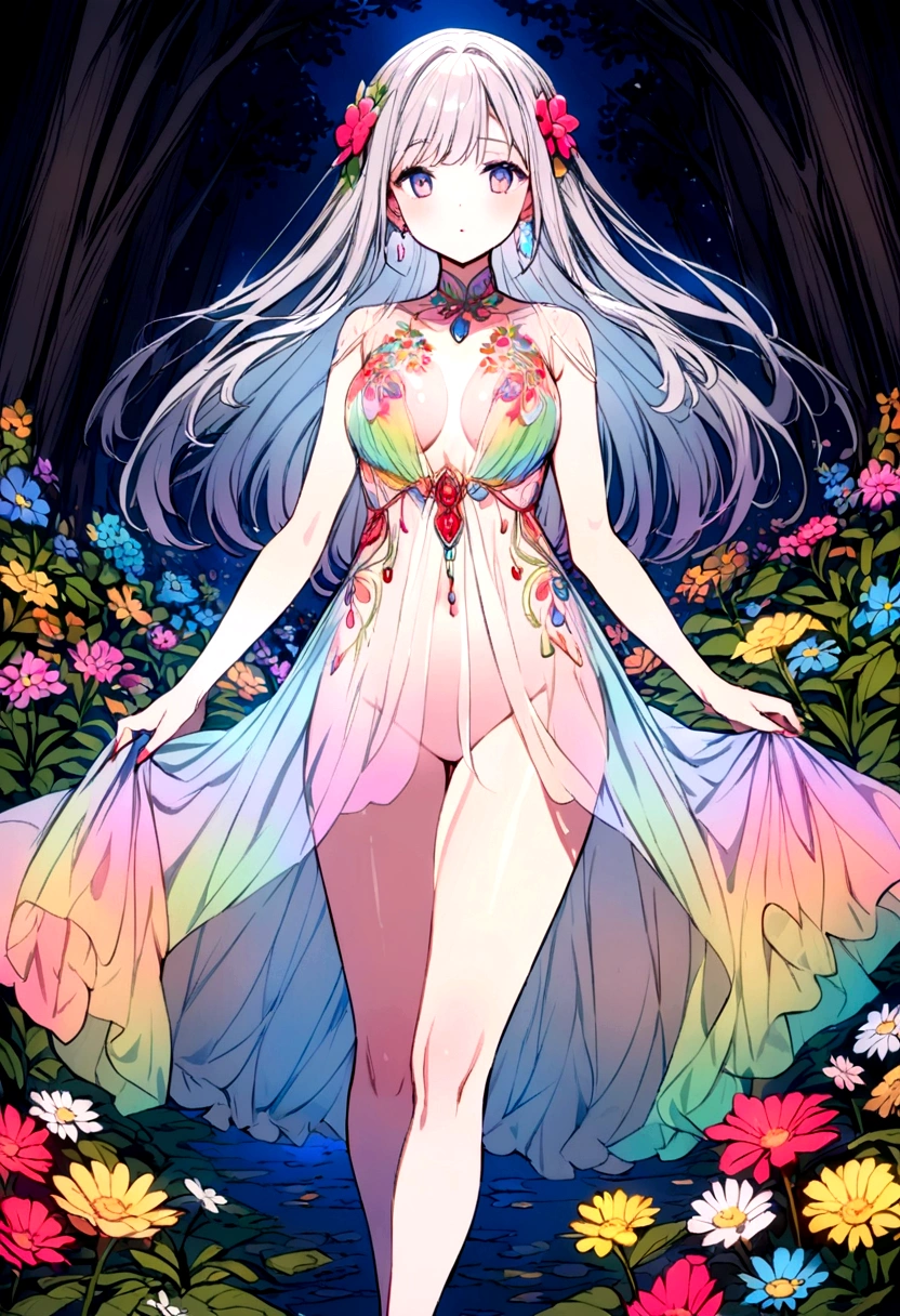 A cute woman (colorful sheer airy dress with intricate embroidery, nude underneath) strolling through a lavish flower garden at night
