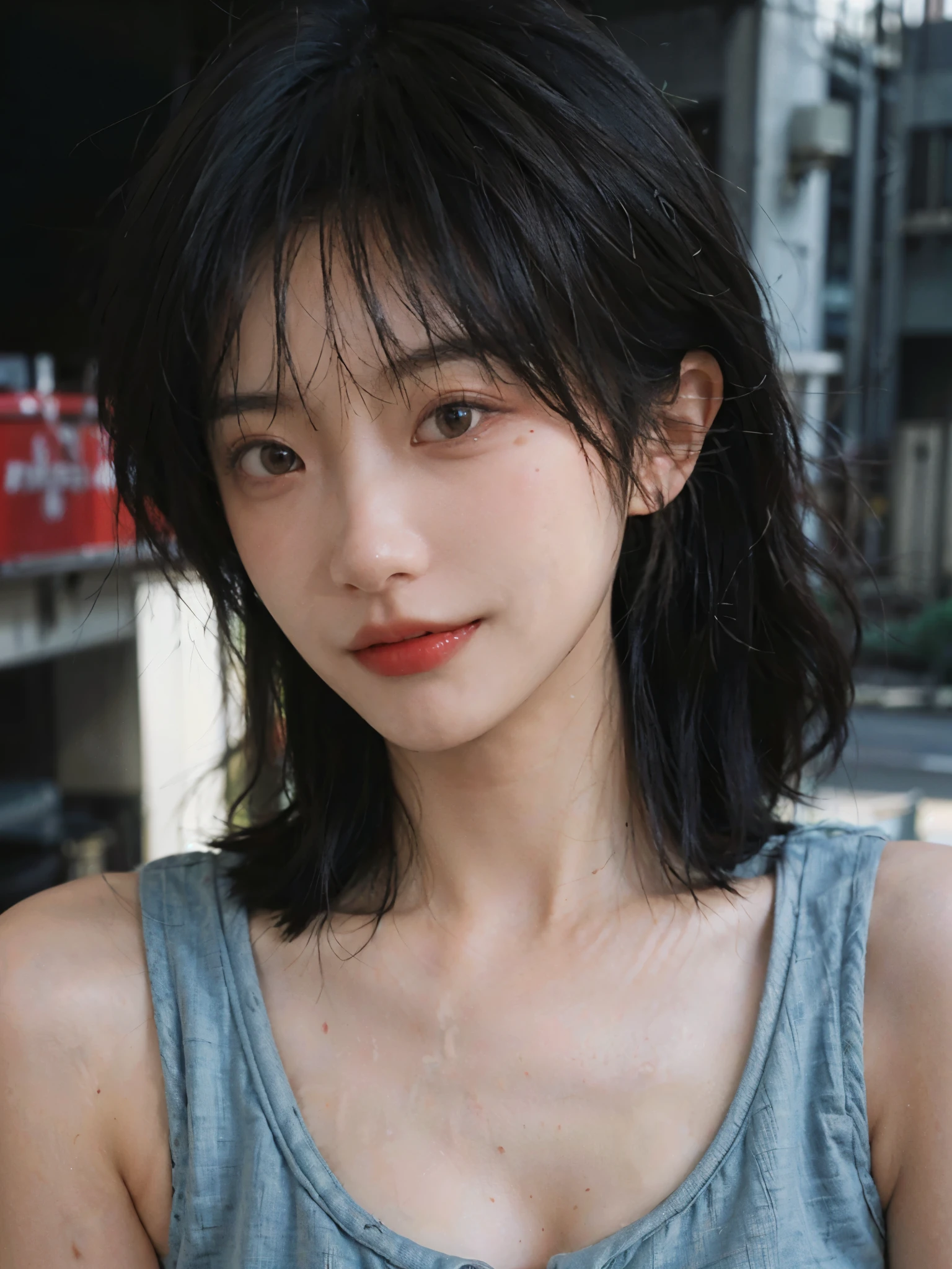 (Skin details:1.4), (smooth skin textures:1.3), (Upper body:1.4),(Upper Body:1.3)Lipstick, background, earrings, serene, calm, Suspenders,(Realistic and detailed eyes:1.2), Natural skin texture, Realistic facial details, Soft dramatic lighting, Vivid details, 35 mm film, outdoor, (Photo Practical:1.4), (hyper Practical:1.4), (Practical:1.3), (Smoother lighting:1.05), (Improve lighting quality:0.9), (Highest quality real skin textures:1.4), Exquisite eyes, Delicate face, Close-up of face, (Enhance the beauty of skin texture:1.1), Hair details,(Large Breasts:1.3)normal body ratio, short hair, Moles under the eyes, A faint smile,Portrait Photography, Depth of Field, Bokeh, Surrealism, Ray Tracing, (Portrait Photography:1.1), Surrealism, High Detail, Chiaroscuro, Ray Tracing, reflected light, Ultra HD, Ultra HD, masterpiece, Textured Skin, Super Detail, High Detail, high quality, best quality