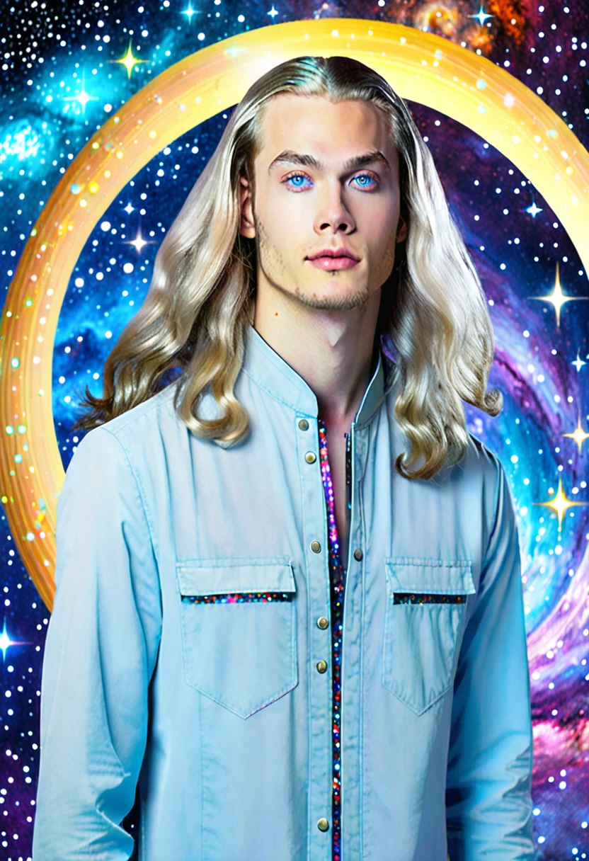 Light-skinned young full body man, with light blue eyes and long hair, wearing modern clothes. He has a halo with unusual shapes above his head and is floating in space. In the background there are bright stars, spiral galaxies and several planets of different sizes and colors.