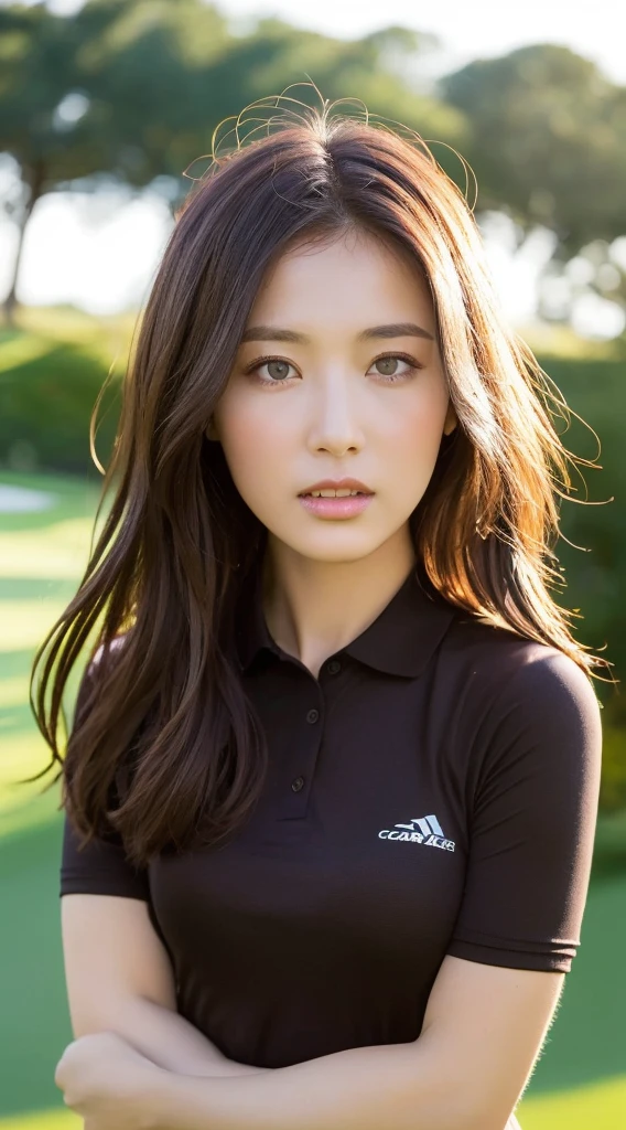 ((Highest quality, 8K, masterpiece: 1.3)), Sharp focus: 1.2, Perfect Body Beauty: 1.4, Slim Abs: 1.2, ((Dark brown hair, big: 1.2)), (Natural light, Sunny golf course: 1.1), Highly detailed face and skin texture, Fine grain, double eyelid, ((Dynamic Angle)))), Stylish Golf Wear