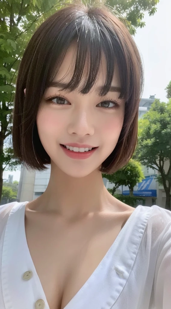 ((best quality, 8K, masterpiece: 1.3)), sharp focus: 1.2, pretty girl with perfect body: 1.4, slim abs: 1.2, ((layered haircut, big bust: 1.2)), (white long shirt with white buttons: 1.1), (rain, distance: 1.2), wet body: 1.5, Highly detailed face and skin texture, detailed eyes, Eat Bananas, A pose that attracts men, rain에 젖은, laugh