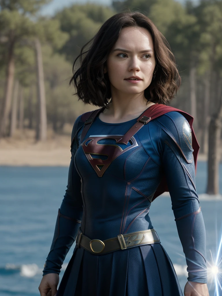 Daisyrdl,one women,(front view:1),medium length hair,Viewers look at,wearing a Supergirl costume,sunny,(Flying in the blue sky:1),demure,extremely Detailed,complicated,​masterpiece,filmic,(film grain:1.2),bokeh,volumetric lightning,Motion blur, (rim light:1.2), add_Detail:2,