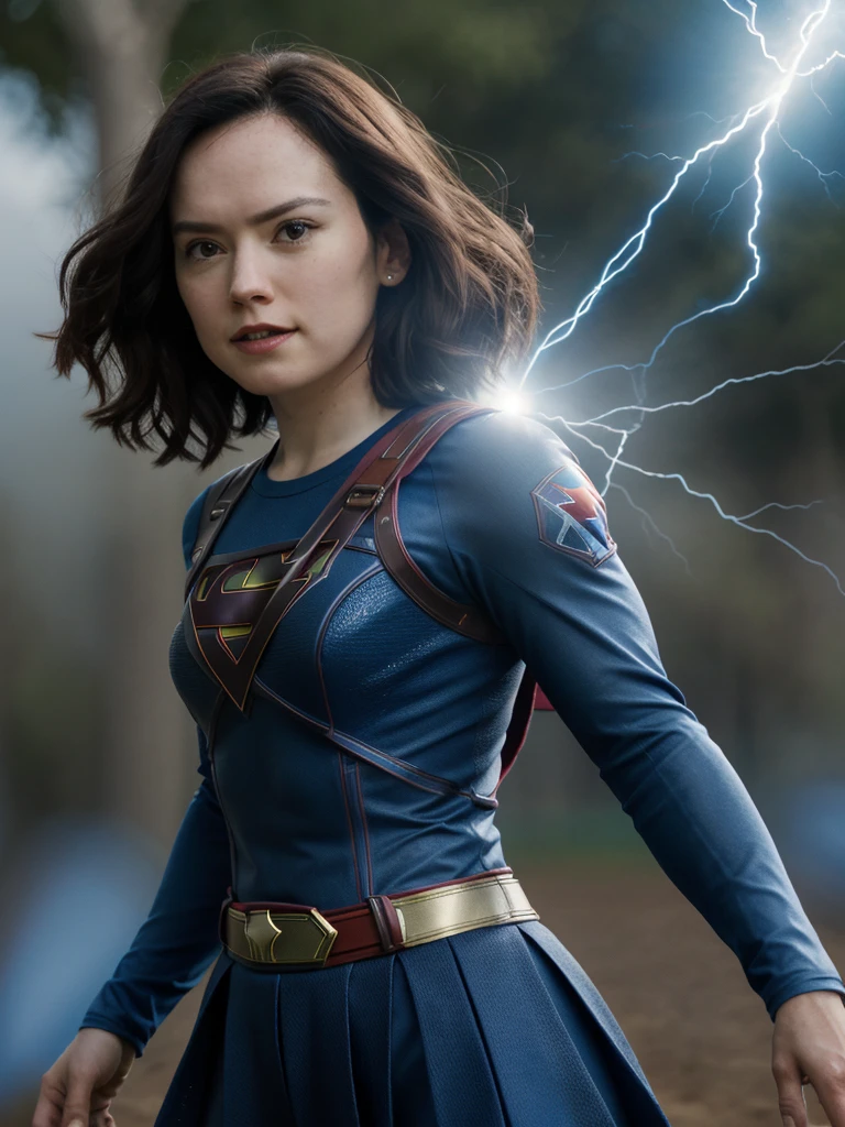 Daisyrdl,one women,(front view:1),medium length hair,Viewers look at,wearing a Supergirl costume,sunny,(Flying in the blue sky:1),demure,extremely Detailed,complicated,​masterpiece,filmic,(film grain:1.2),bokeh,volumetric lightning,Motion blur, (rim light:1.2), add_Detail:2,